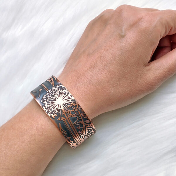 handmade copper dandelion cuff bracelet