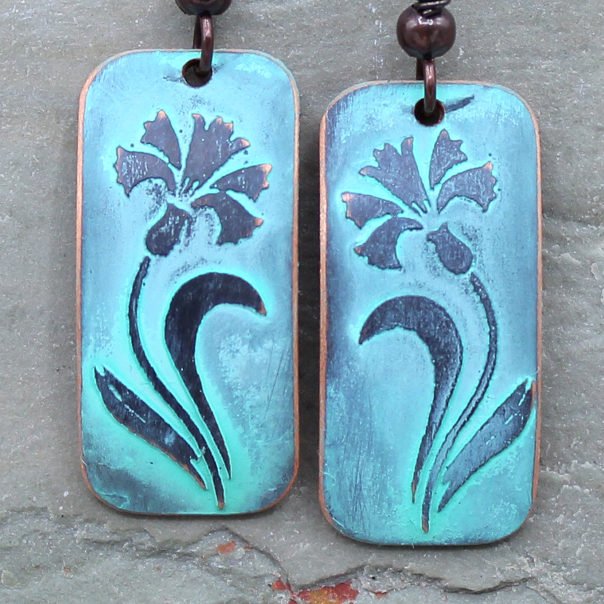 Lilies (Turquoise), Handmade Copper Earrings