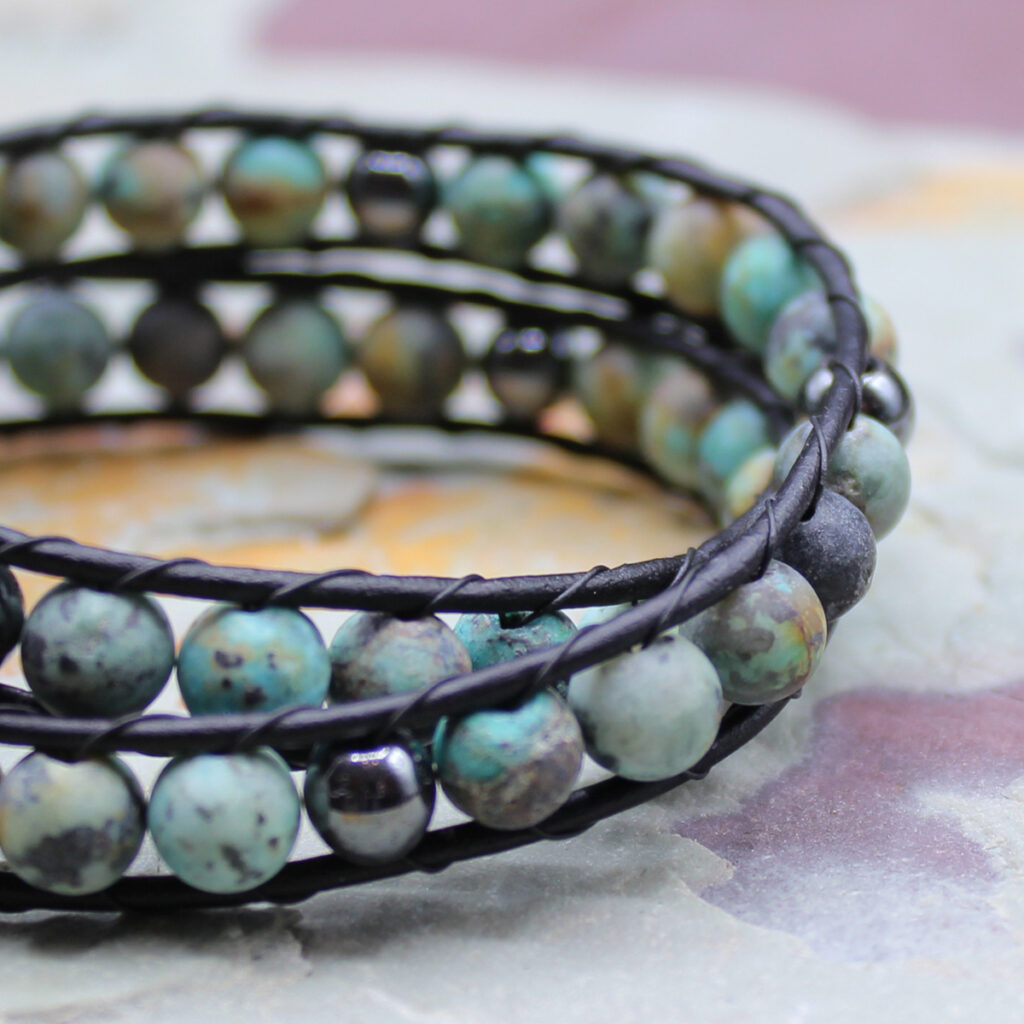 African Turquoise Hematite Leather Wrap