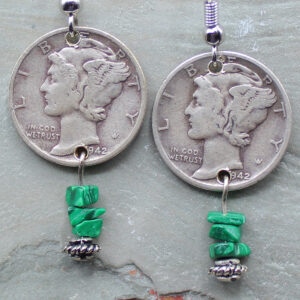 Authentic, 1943 & 1945, Mercury Dime earrings featuring Malachite stones. Perfect for the numismatist, history buff or antique lover!