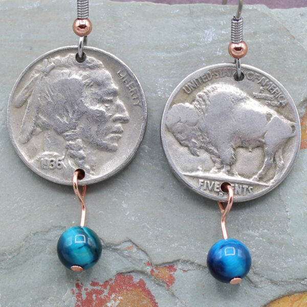 buffalo nickel earrings blue tiger eye stones
