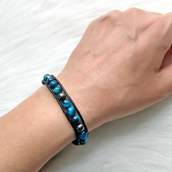 Blue Tiger Eye Single Leather Wrap Bracelet